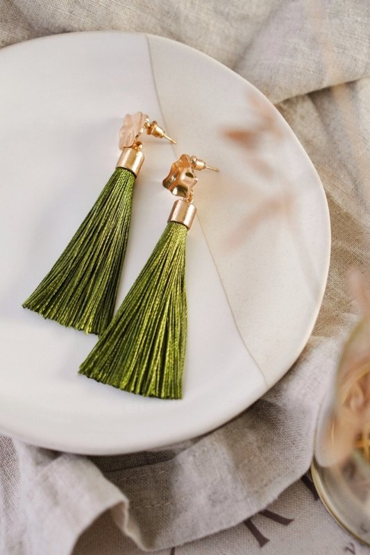 Gold Tone & Sage Green Tassel Drop Earrings - Earrings - British D'sire