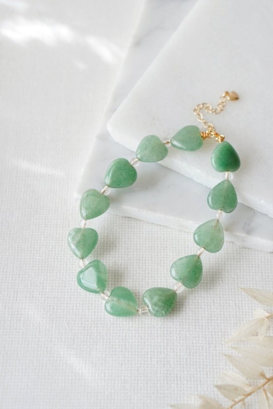 Green Aventurine Love Heart & Gold Crystal Anklet - Anklets - British D'sire