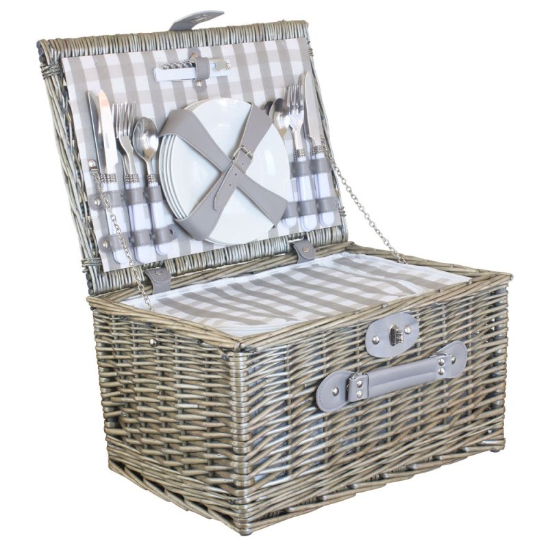 Grey Checked Wicker Picnic Basket with Cooler - Fitted Picnic Baskets - British D'sire