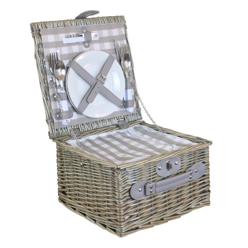 Grey Checked Wicker Picnic Basket with Cooler - Fitted Picnic Baskets - British D'sire