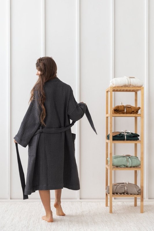 Grey linen waffle robe - Linen waffle robes - British D'sire