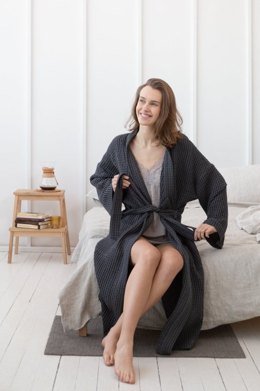 Grey linen waffle robe - Linen waffle robes - British D'sire