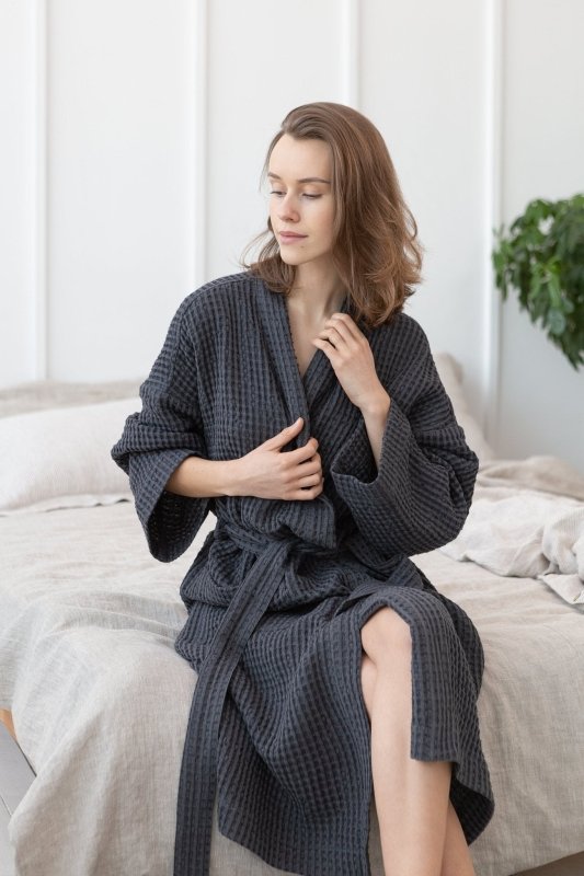 Grey linen waffle robe - Linen waffle robes - British D'sire