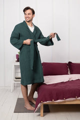 Greyish Green linen waffle robe for men - Linen waffle robes - British D'sire