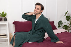 Greyish Green linen waffle robe for men - Linen waffle robes - British D'sire