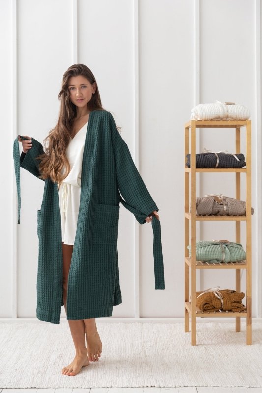 Greyish Green linen waffle robe - Linen waffle robes - British D'sire