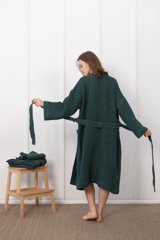 Greyish Green linen waffle robe - Linen waffle robes - British D'sire