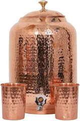 Hammered Handmade Pure Copper Water Dispenser 8 Liter Matka Ayurveda Healing Water Storage Tank Copper Pitcher with 2 Hammered Tumbler Glass Set - Bottles & Thermos - British D'sire