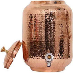 Hammered Handmade Pure Copper Water Dispenser 8 Liter Matka Ayurveda Healing Water Storage Tank Copper Pitcher with 2 Hammered Tumbler Glass Set - Bottles & Thermos - British D'sire