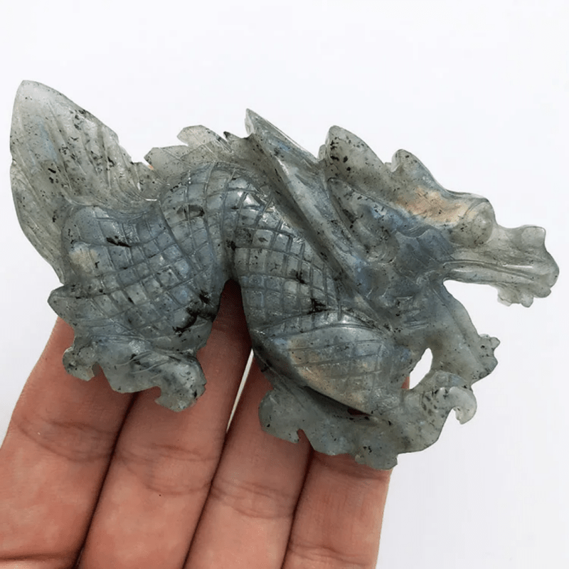 Hand carved natural flashy labradorite crystal chinese dragon carving dragon statue - Carved gemstone decor - British D'sire