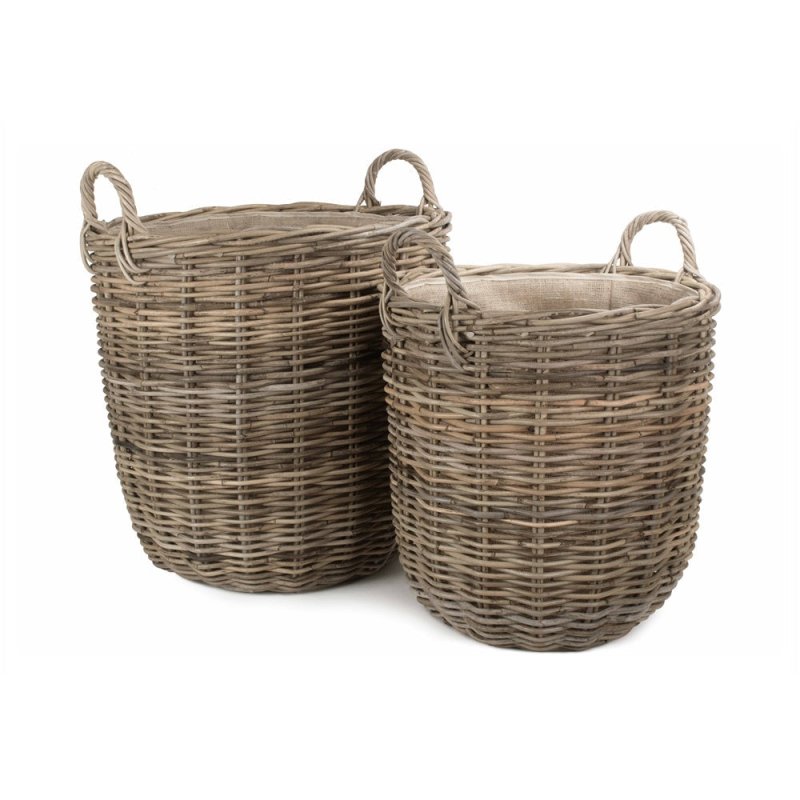 Hessian Lined Tall Round Fireside Rattan Log Basket - Log Baskets - British D'sire