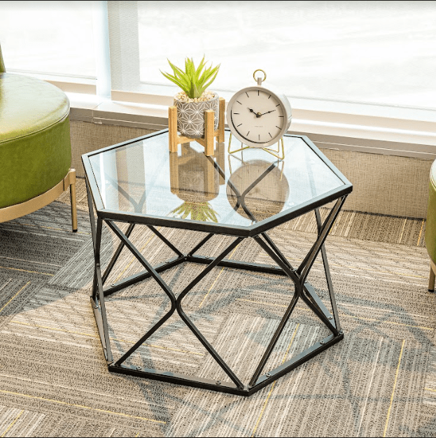 Hexagon Tempered Glass Black Coffee Side Table (Big) - SLENDER - Coffee Table - British D'sire