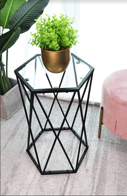 Hexagon Tempered Glass Black Side Table (Small) - SLENDER - Coffee Table - British D'sire