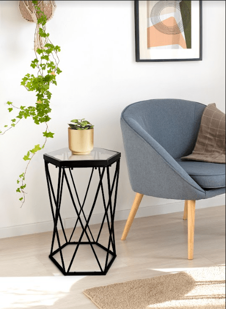 Hexagon Tempered Glass Black Side Table (Small) - SLENDER - Coffee Table - British D'sire