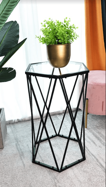 Hexagon Tempered Glass Black Side Table (Small) - SLENDER - Coffee Table - British D'sire