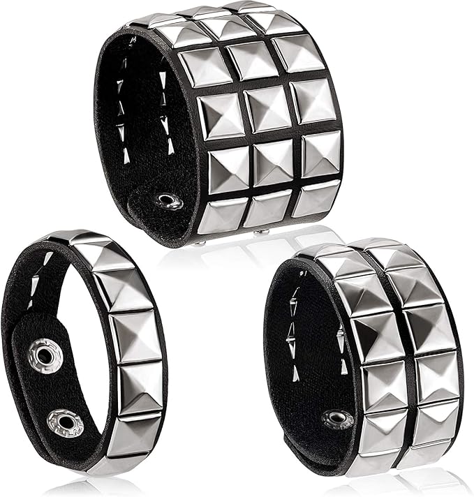 Hicarer 3 Pieces Leather Studded Punk Bracelet for Men Women 80s Studded Wristband Goth Punk Rock Bracelet Spike Rivet Cuff Bangle Unisex Metal for Halloween Party Favors Accessories - Women's Bracelets - British D'sire