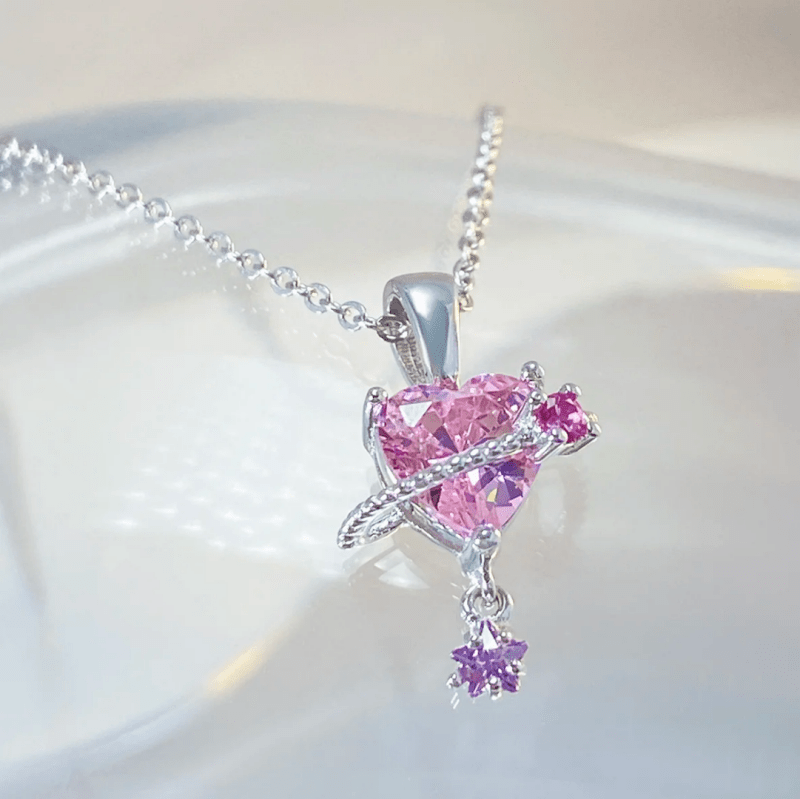 High quality 925 pure silver jewelry sets 5A pink cubic zirconia heart earring and necklace set for women - Jewellery Sets - British D'sire