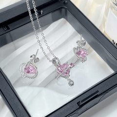 High quality 925 pure silver jewelry sets 5A pink cubic zirconia heart earring and necklace set for women - Jewellery Sets - British D'sire