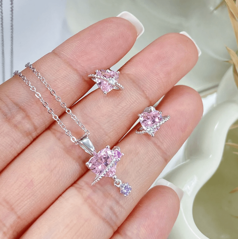 High quality 925 pure silver jewelry sets 5A pink cubic zirconia heart earring and necklace set for women - Jewellery Sets - British D'sire