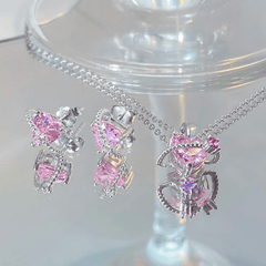 High quality 925 pure silver jewelry sets 5A pink cubic zirconia heart earring and necklace set for women - Jewellery Sets - British D'sire