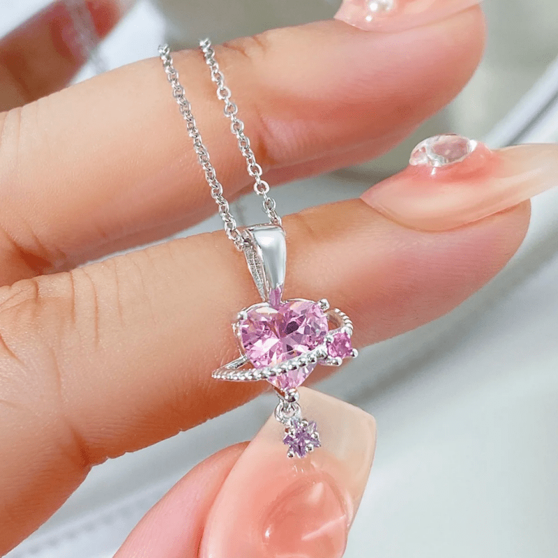 High quality 925 pure silver jewelry sets 5A pink cubic zirconia heart earring and necklace set for women - Jewellery Sets - British D'sire