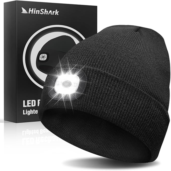 Hinshark Gifts for Men, Stocking Fillers , Beanie Hat with LED Light , Rechargeable Mens Beanie Hat Secret Santa Gifts for Men, Men Birthday Gifts - Hats & Caps - British D'sire