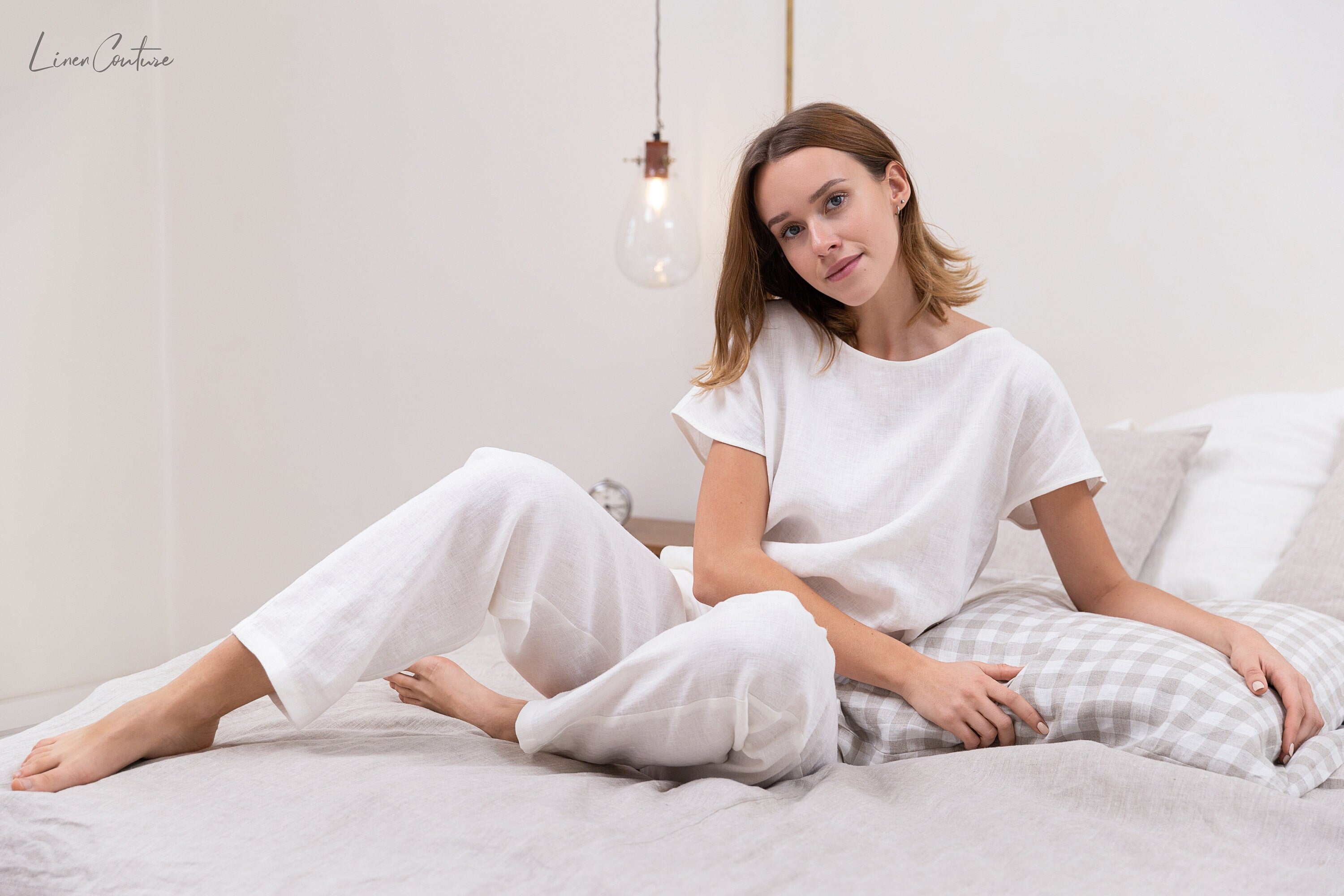 White linen / Natural Linen Pajama set / Linen loungewear / Linen sleepwear