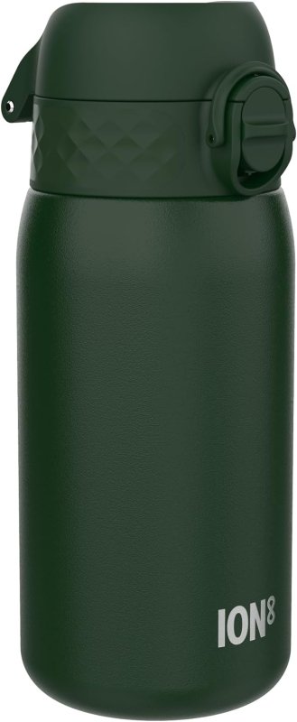 ION8 Insulated Steel Water Bottle, 320 ml/11 oz, Leak Proof, Easy to Open, Secure Lock, Dishwasher Safe, Carry Handle, Hygienic Flip Cover, Metal Water Bottle, Durable Stainless Steel, Dark Green - British D'sire