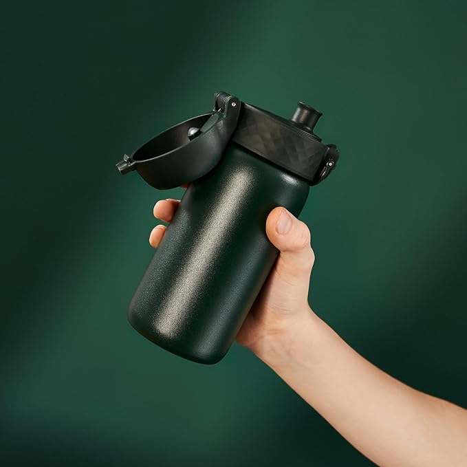 ION8 Insulated Steel Water Bottle, 320 ml/11 oz, Leak Proof, Easy to Open, Secure Lock, Dishwasher Safe, Carry Handle, Hygienic Flip Cover, Metal Water Bottle, Durable Stainless Steel, Dark Green - British D'sire