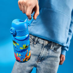 Ion8 Kids Water Bottle, Steel 400 ml/13 oz, Leak Proof, Easy to Open, Secure Lock, Dishwasher Safe, Flip Cover, Carry Handle, Easy Clean, Durable, Metal Water Bottle, Raised Print, Sea Turtle Design - British D'sire