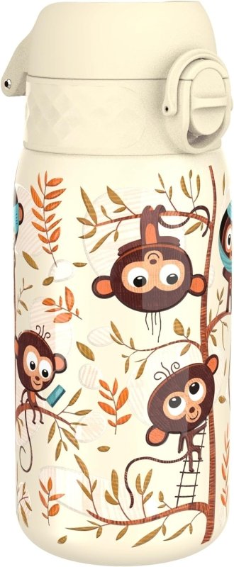 Ion8 Kids Water Bottle, Steel 400 ml/13 oz, Leak Proof, Easy to Open, Secure Lock, Dishwasher Safe, Flip Cover, Carry Handle, Easy Clean, Durable, Metal Water Bottle, Raised Print, Monkeys Design - British D'sire