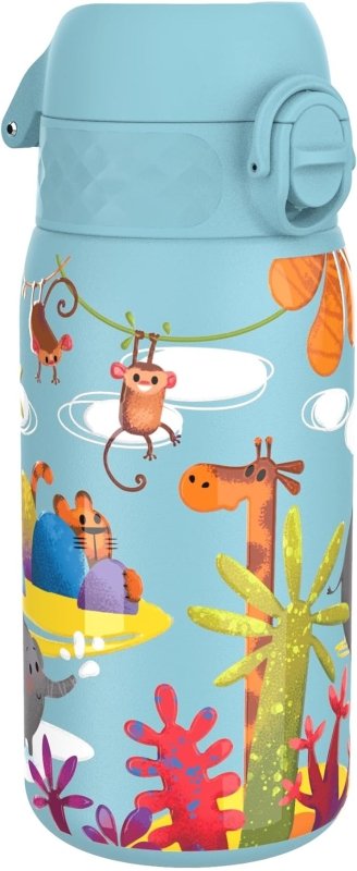 Ion8 Kids Water Bottle, Steel 400 ml/13 oz, Leak Proof, Easy to Open, Secure Lock, Dishwasher Safe, Flip Cover, Carry Handle, Easy Clean, Durable, Metal Water Bottle, Raised Print, Safari Design - British D'sire