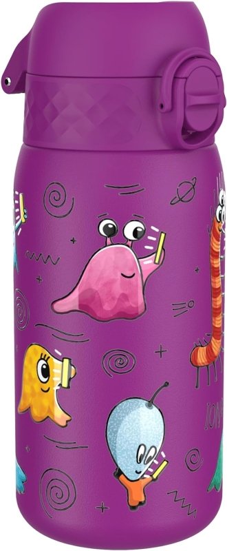 Ion8 Kids Water Bottle, Steel 400 ml/13 oz, Leak Proof, Easy to Open, Secure Lock, Dishwasher Safe, Flip Cover, Carry Handle, Easy Clean, Durable, Metal Water Bottle, Raised Print, Aliens Design - British D'sire