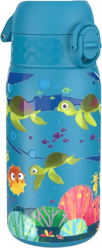 Ion8 Kids Water Bottle, Steel 400 ml/13 oz, Leak Proof, Easy to Open, Secure Lock, Dishwasher Safe, Flip Cover, Carry Handle, Easy Clean, Durable, Metal Water Bottle, Raised Print, Sea Turtle Design - British D'sire