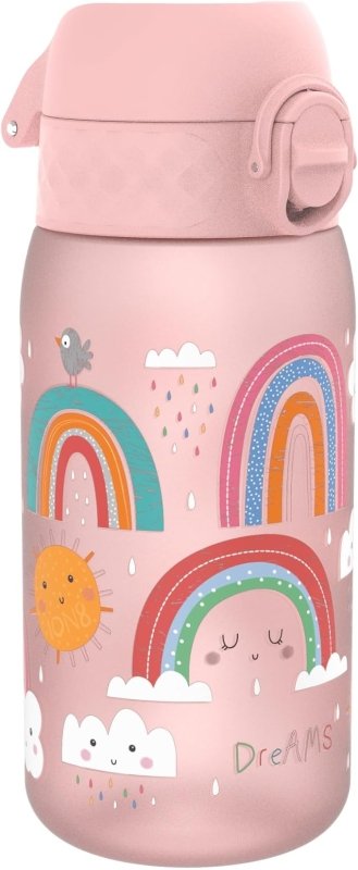 Ion8 Kids Water Bottles, BPA Free, Leakproof, Dishwasher Safe, Easy Open, Secure Lock, Small Boys & Girls Water Bottle,Kids Drinks Bottle for Spill-free Drinking, Light Pink, Rainbows, 350ml/12oz - British D'sire