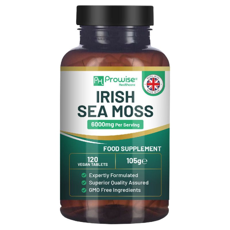 Irish Sea Moss Tablets High Strength 6000mg – Irish Sea Moss Supplement 120 Vegan Tablets High Potency - UK Made - Non - GMO by Prowise - Supplement - British D'sire