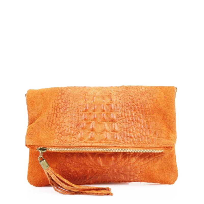 Italian Designer Foldover Croc Print Suede Leather Clutch - Swolit Abra Dark Orange - British D'sire