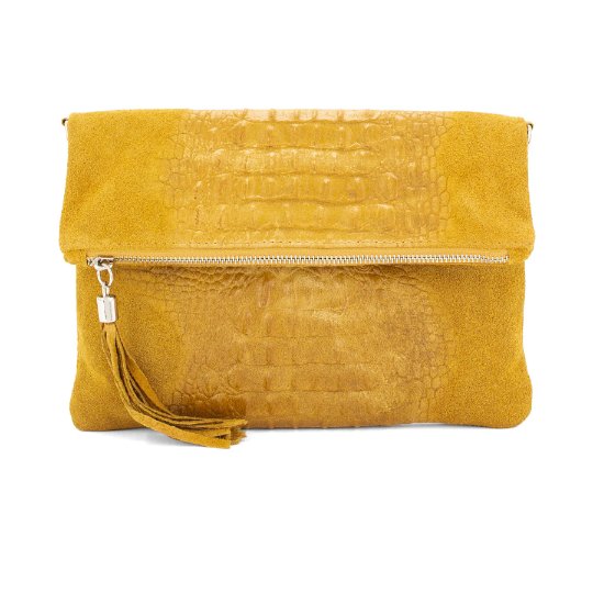 Italian Designer Foldover Croc Print Suede Leather Clutch - Swolit Abra Mustard - British D'sire