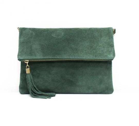 Italian Designer Foldover Plain Suede Leather Clutch Eleganza- Dark Green Forest Green - British D'sire