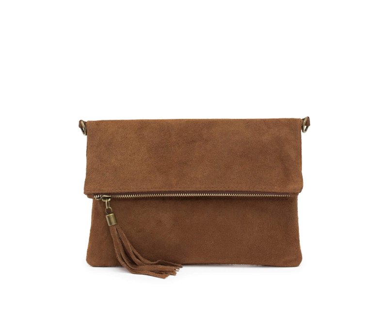 Italian Designer Foldover Plain Suede Leather Clutch-Eleganza Dark tan - British D'sire