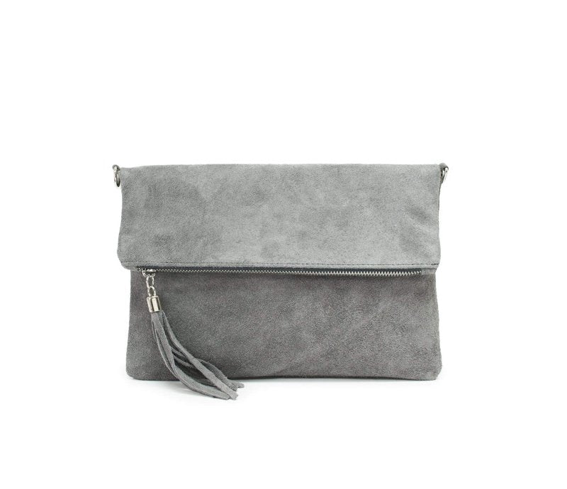 Italian Designer Foldover Soft Suede Leather Clutch -Eleganza Light Grey - British D'sire