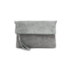 Italian Designer Foldover Soft Suede Leather Clutch -Eleganza Light Grey - British D'sire