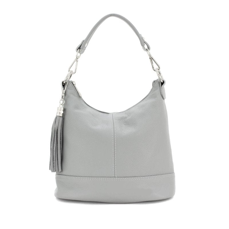 Italian Designer Leather Bucket Bag with Tassel - Swolit Tullio- Light Grey - British D'sire