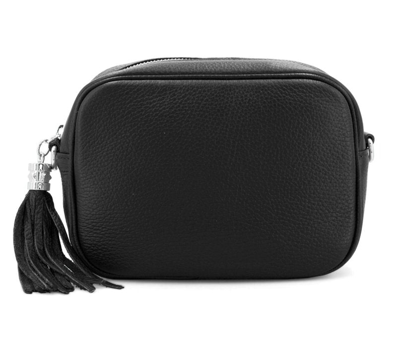 Italian Designer Leather Crossbody Shoulder Camera Bag Gaia -SILVER Hardware Black - British D'sire