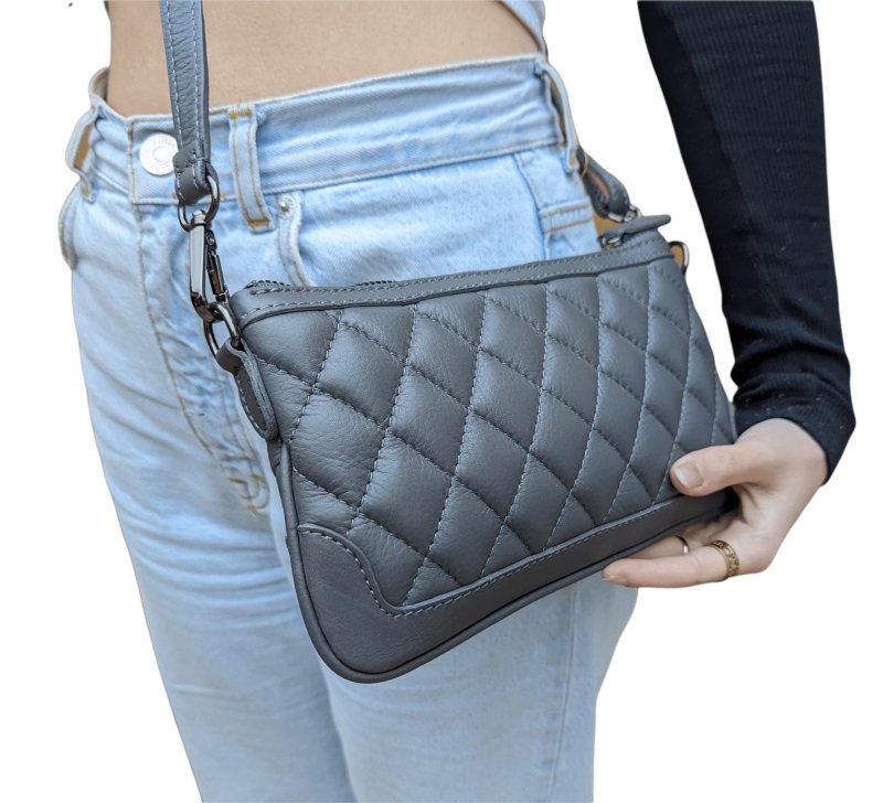 Italian Designer Leather Quilted Clutch Crossbody - Swolit Paxe Dark Grey - British D'sire