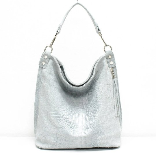 Italian Designer Leather Suede Leather Croc Print Right Pocket Hobo Bag - Swolit Zeta Light Grey - British D'sire