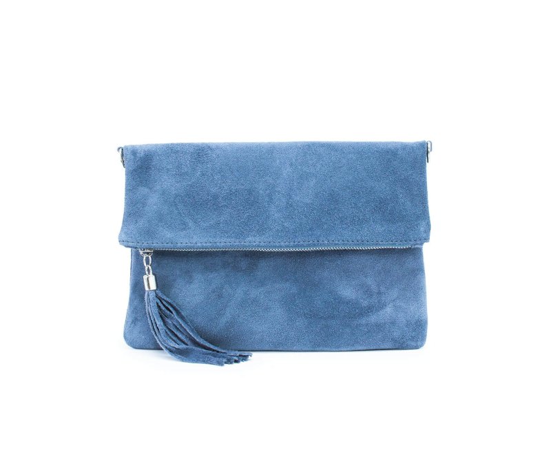 Italian Designer Soft Denim Blue Foldover Plain Suede Leather Clutch - Denim Blue Eleganza - British D'sire