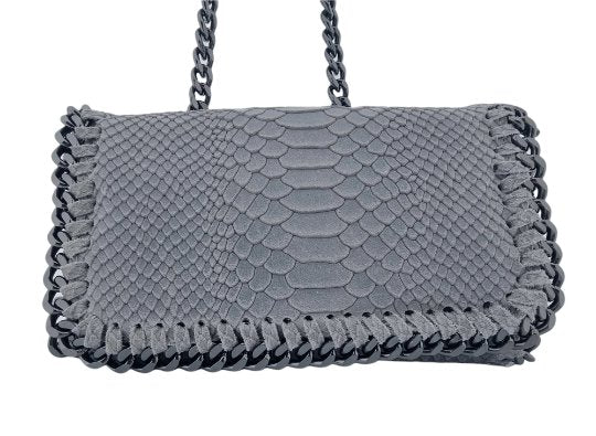 Italian Designer Soft Leather Snakeskin Print Chain Crossbody - Grey - British D'sire