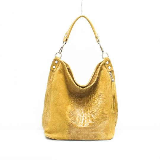 Italian Designer Soft Suede Leather Croc Print Right Pocket Hobo Bag- Swolit Zeta - Mustard - British D'sire