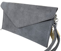 Italian Designer Soft Suede Leather Envelope Clutch Eleonora Swolit Dark Grey - British D'sire